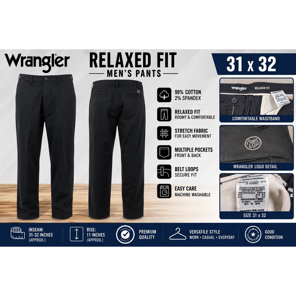 Wrangler Relaxed Fit Men Black Stretch Chino Pants 31x32 1000097BK